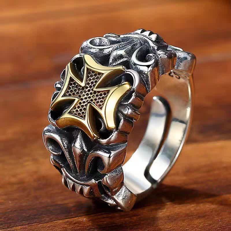 Ornate Engraved Cross Adjustable Ring: Sign of Enduring Divine Protection