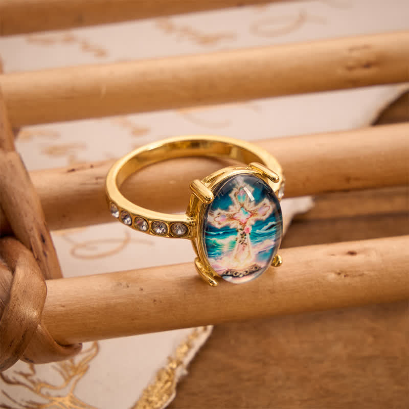 Artisan Polished Copper Cross Image Ring: Emblem of Radiant Heavenly Promise