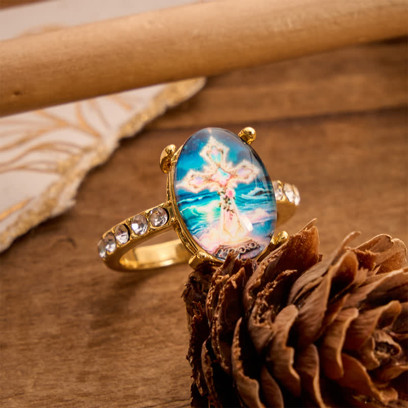 Artisan Polished Copper Cross Image Ring: Emblem of Radiant Heavenly Promise