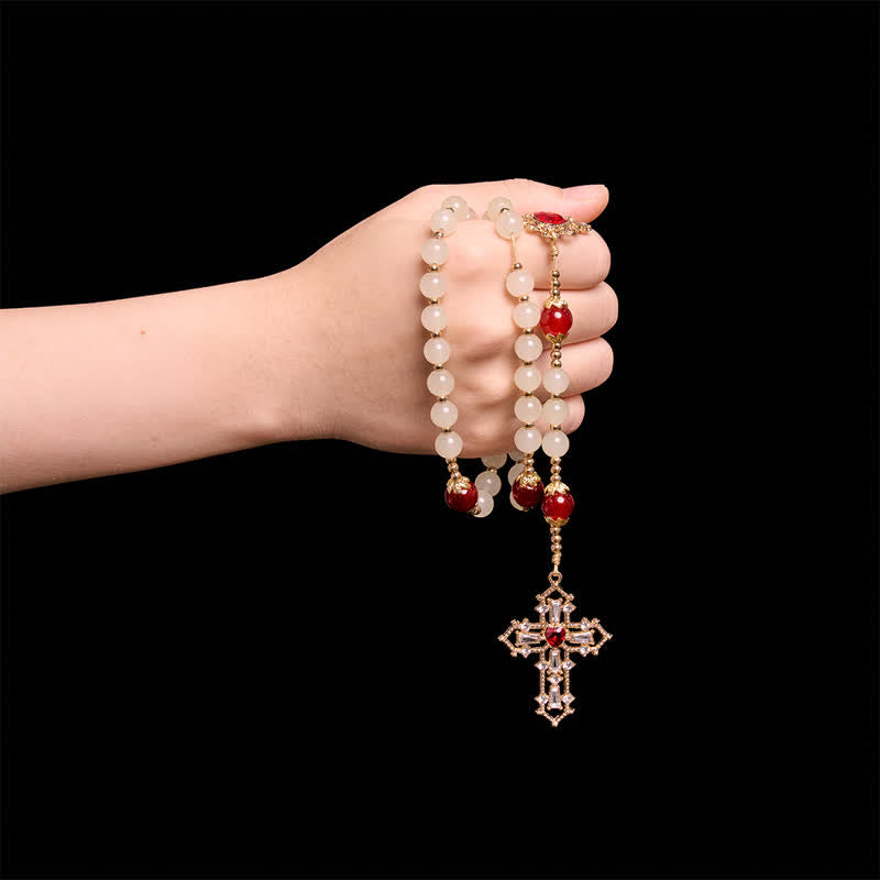 Cream Glass Bead Rosary with Ruby Red Accent Beads & Sacred Heart Medal & Jeweled Crucifix