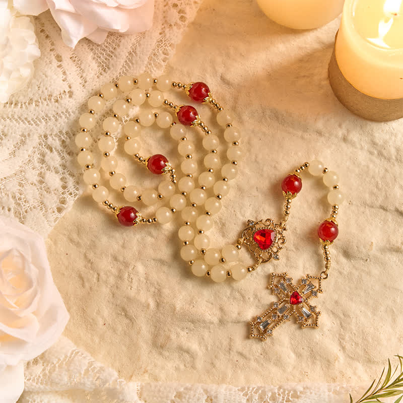 Cream Glass Bead Rosary with Ruby Red Accent Beads & Sacred Heart Medal & Jeweled Crucifix