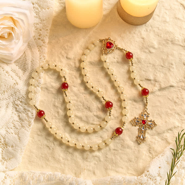 Cream Glass Bead Rosary with Ruby Red Accent Beads & Sacred Heart Medal & Jeweled Crucifix