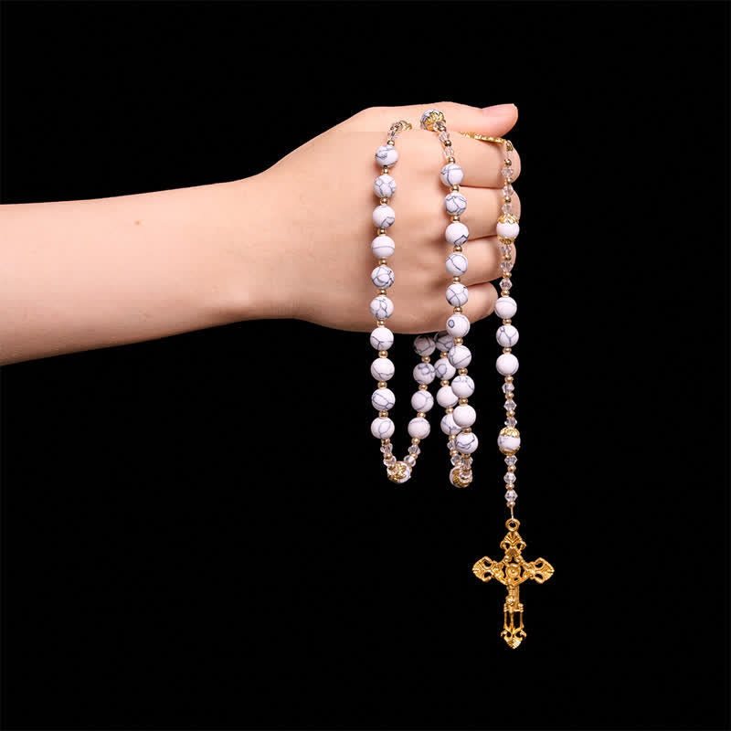 White Veined Howlite Stone Rosary With Our Lady Medal & Golden Crucifix
