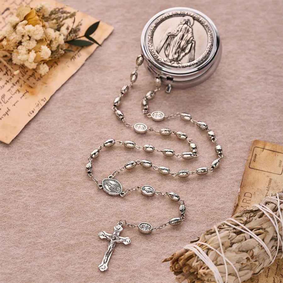 Embossed Alloy Rosary With Our Lady Miraculous Medal & Sacred Crucifix