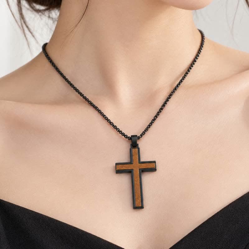 Sturdy Zinc Alloy Wood Cross Necklace: Heavenly Reminder for Daily Wear