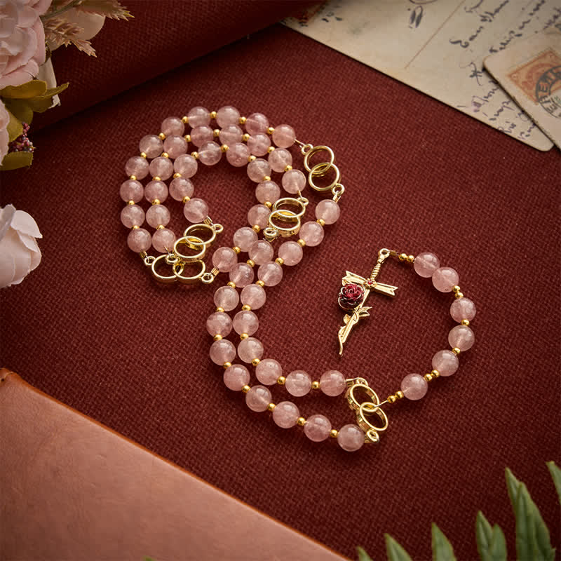 Natural Strawberry Quartz Rosary With Double Loop Links & Rose Crucifix