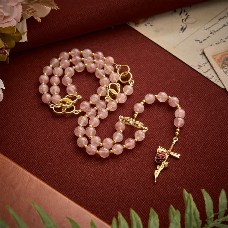 Natural Strawberry Quartz Rosary With Double Loop Links & Rose Crucifix