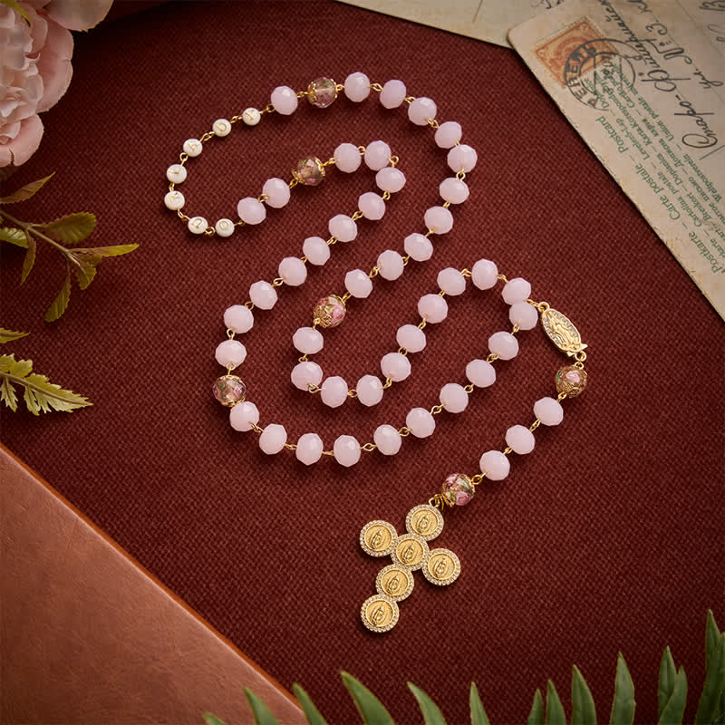 Pale Pink Faceted Jade Glass Rosary With Personalized Letter Beads & Floral Accents