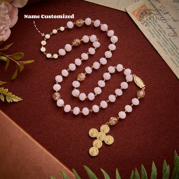 Pale Pink Faceted Jade Glass Rosary With Personalized Letter Beads & Floral Accents
