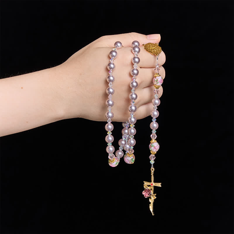 Pale Lavender Pearl Rosary With Floral Glass Beads & Rose Cross: Emblem of Gentle Marian Grace