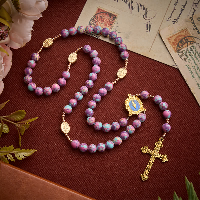 Purple Turquoise Mosaic Bead Rosary With Enamel Marian Medal: Emblem of Timeless Heavenly Mercy