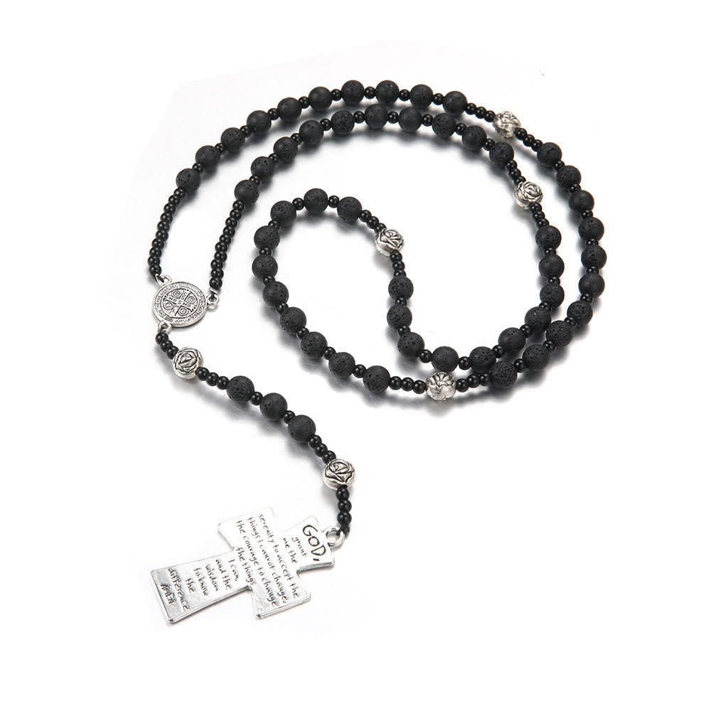 St. Benedict Medal & Cross of 8 mm Round Black Volcanic Stone Nylon Cord Rosary