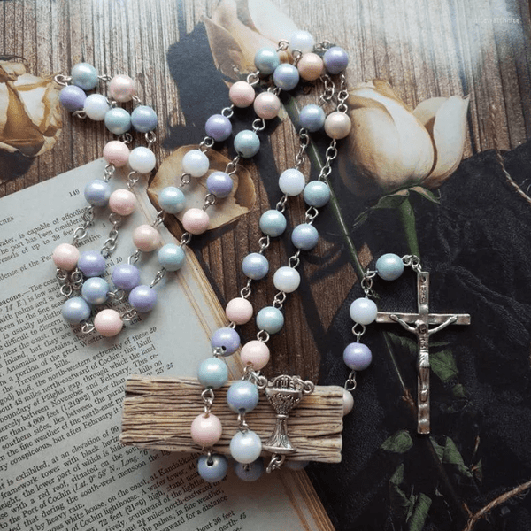 Holy Grail & Crucifix of 8 mm Round Multicolor Acrylic Alloy Chain Rosary