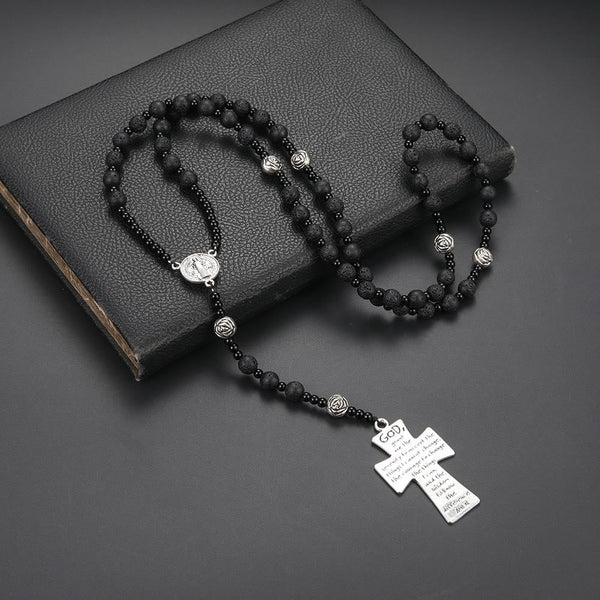 St. Benedict Medal & Cross of 8 mm Round Black Volcanic Stone Nylon Cord Rosary