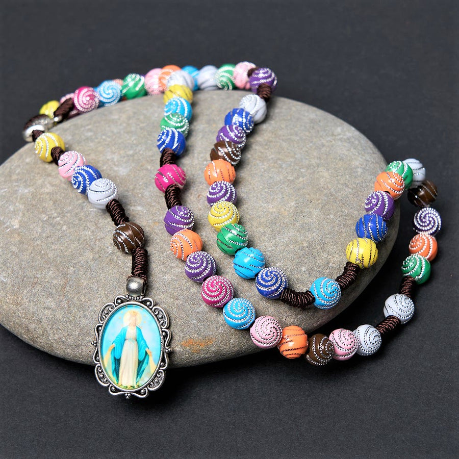 Holy Grail & Miraculous Medal of 8 mm Round Multicolor Acrylic Nylon Cord Rosary