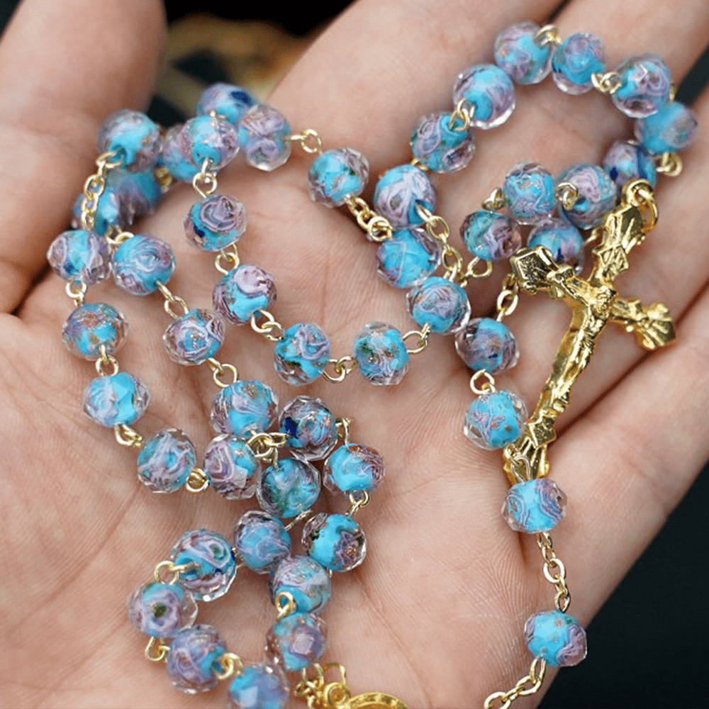 Flower Rose Glazed Beads Rosary with Mary & Crucifix
