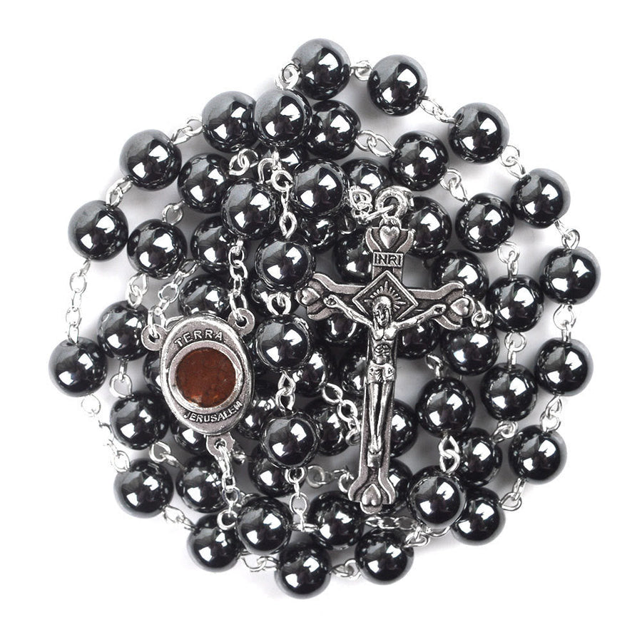 Madonna and Child & Crucifix of 8 mm Round Black Hematite Alloy Chain Rosary