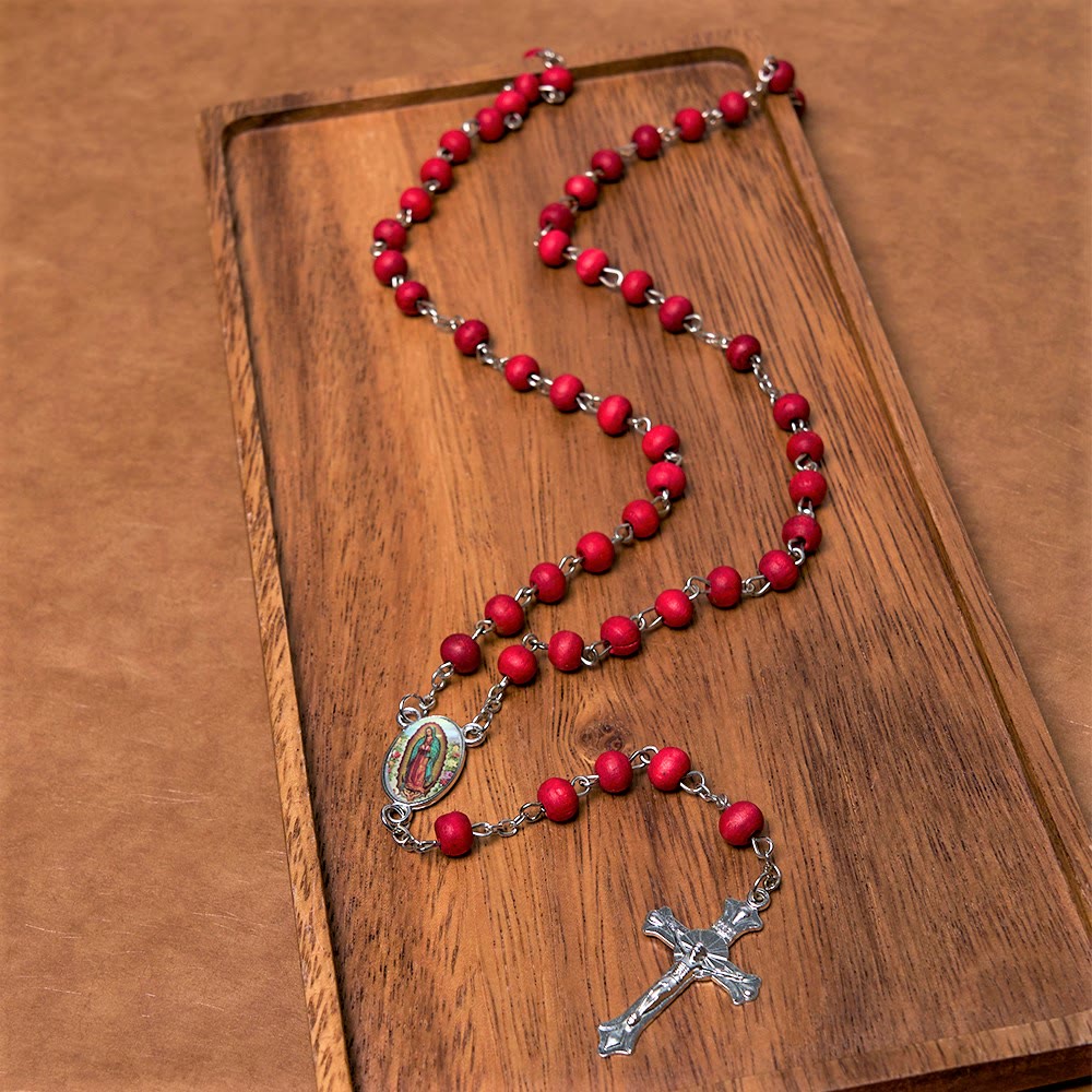 Our Lady of Guadalupe & Crucifix of 6 mm Round Multicolor Wood Alloy Chain Rosary