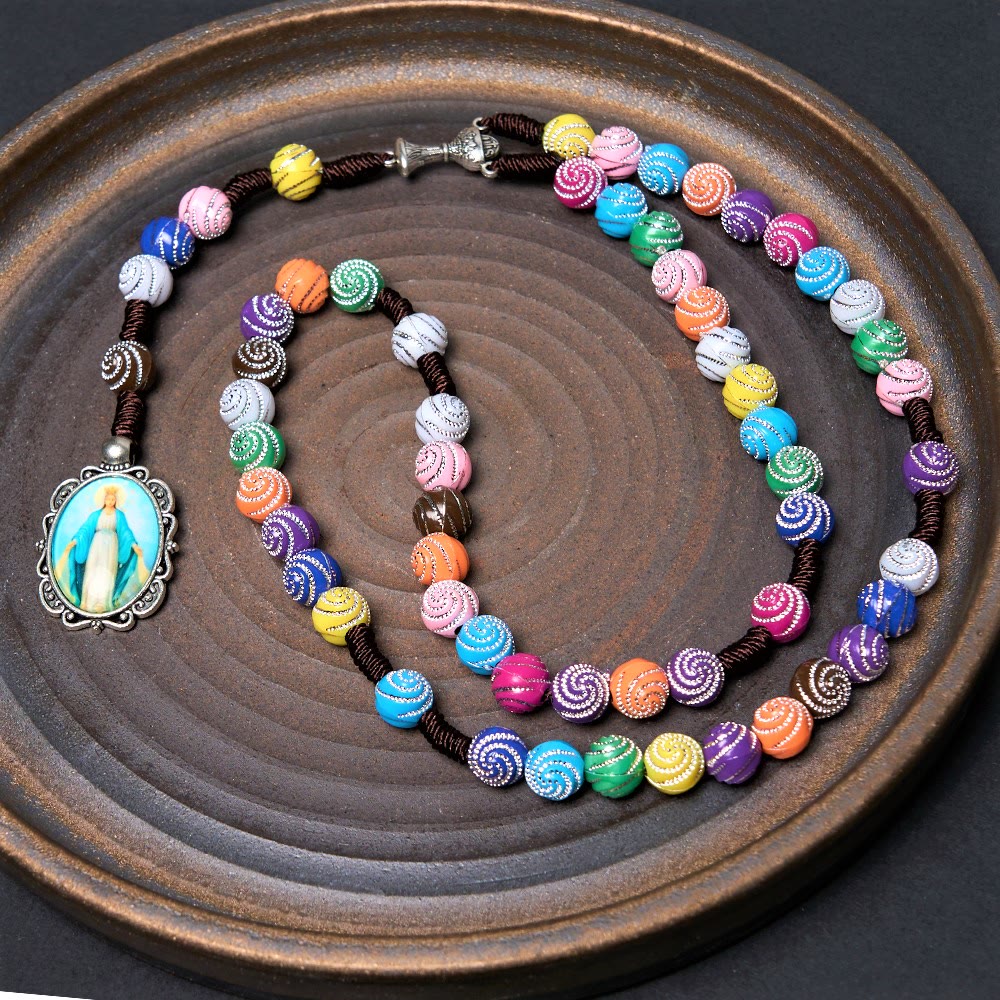 Holy Grail & Miraculous Medal of 8 mm Round Multicolor Acrylic Nylon Cord Rosary