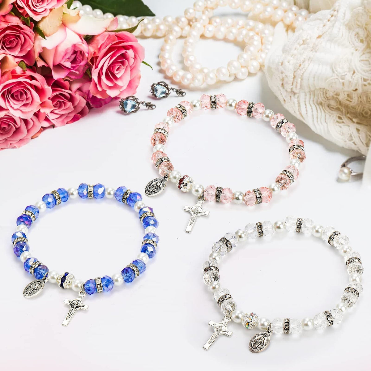 Crystal Beads Stretch Bracelet with Crucifix and Miraculous Medal