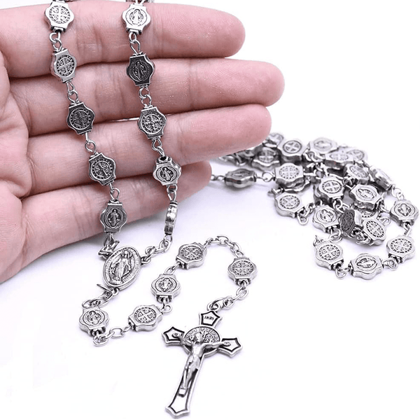 St. Benedict Medal & Crucifix of 8 mm Polyhedron Silver Metal Alloy Chain Rosary