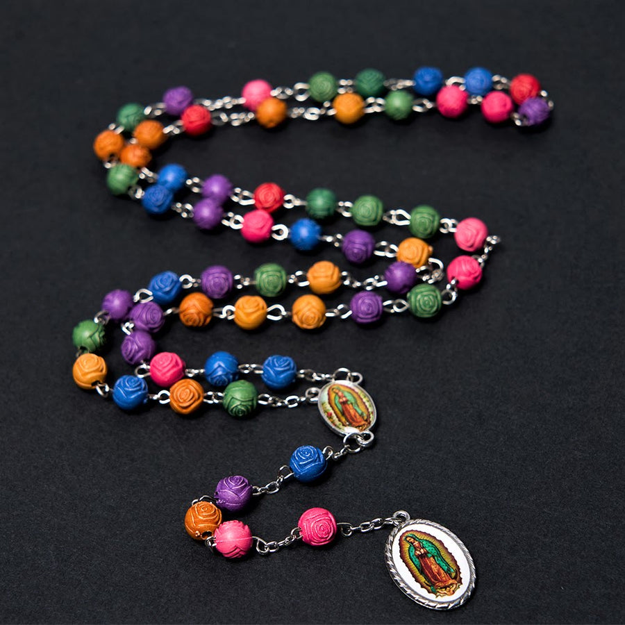 Our Lady of Guadalupe & Crucifix of 8 mm Rose Multicolor Resin Alloy Chain Rosary