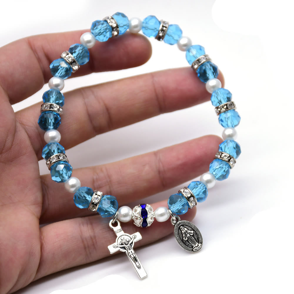 Crystal Beads Stretch Bracelet with Crucifix and Miraculous Medal
