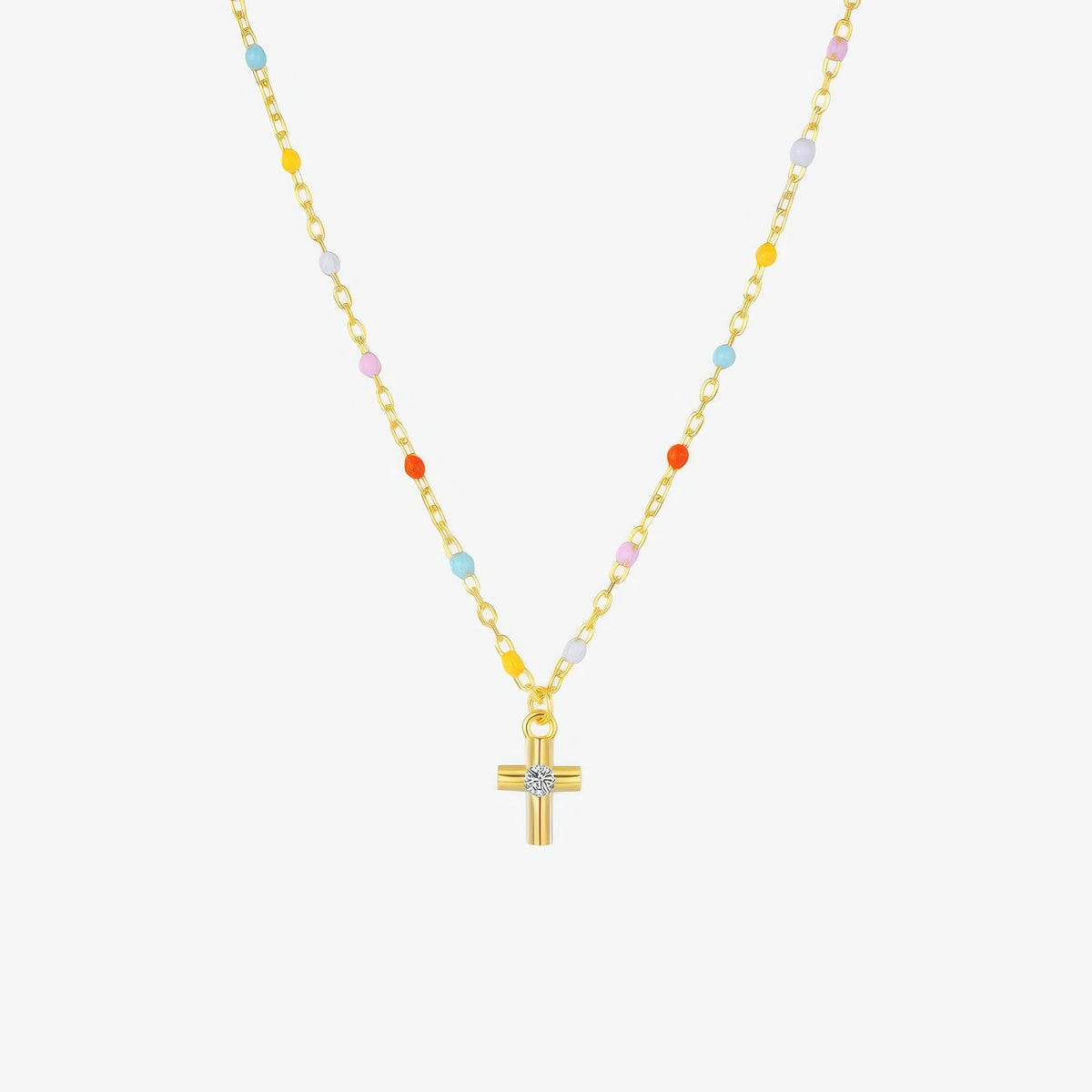 Rainbow Bead Cross Necklace
