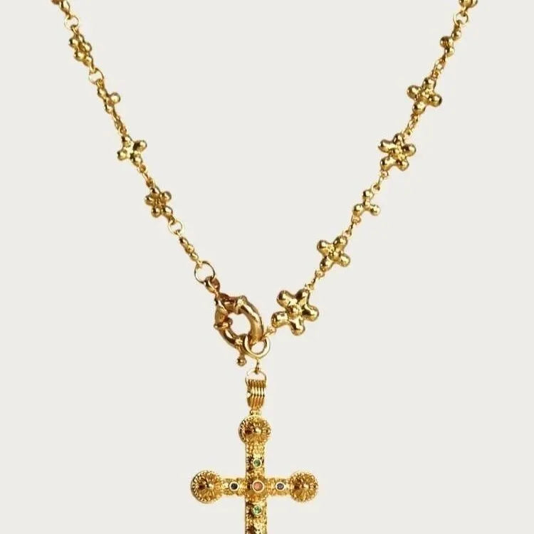 Daisy Rosary Chain Cross Necklace