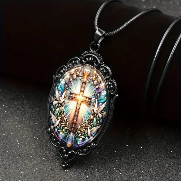 Retro Style Cross & Holy Dove Glass Pendant Necklace