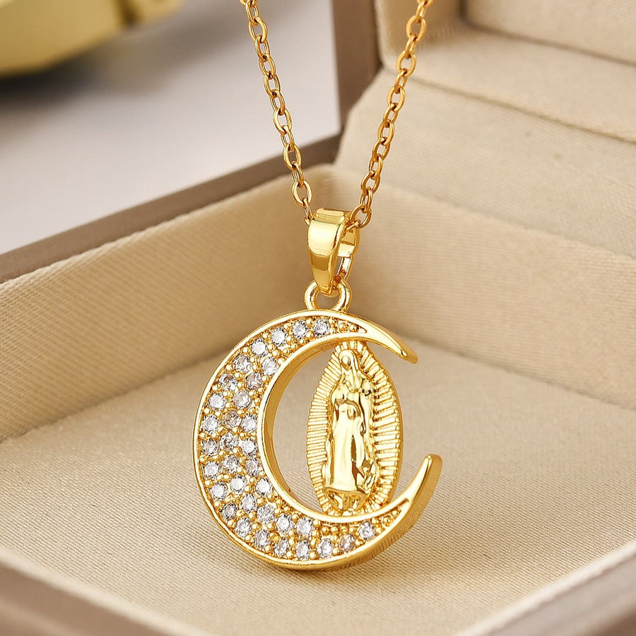 the Crescent Moon Our Lady of Guadalupe Maria Golden Necklace