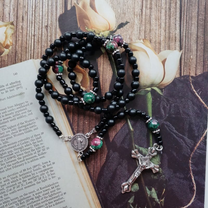 St. Benedict Medal & Crucifix of 8 mm Round Black Multi-material Nylon Cord Rosary