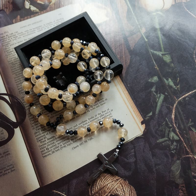 Crucifix 8 mm Round Gold Gem Nylon Cord Rosary