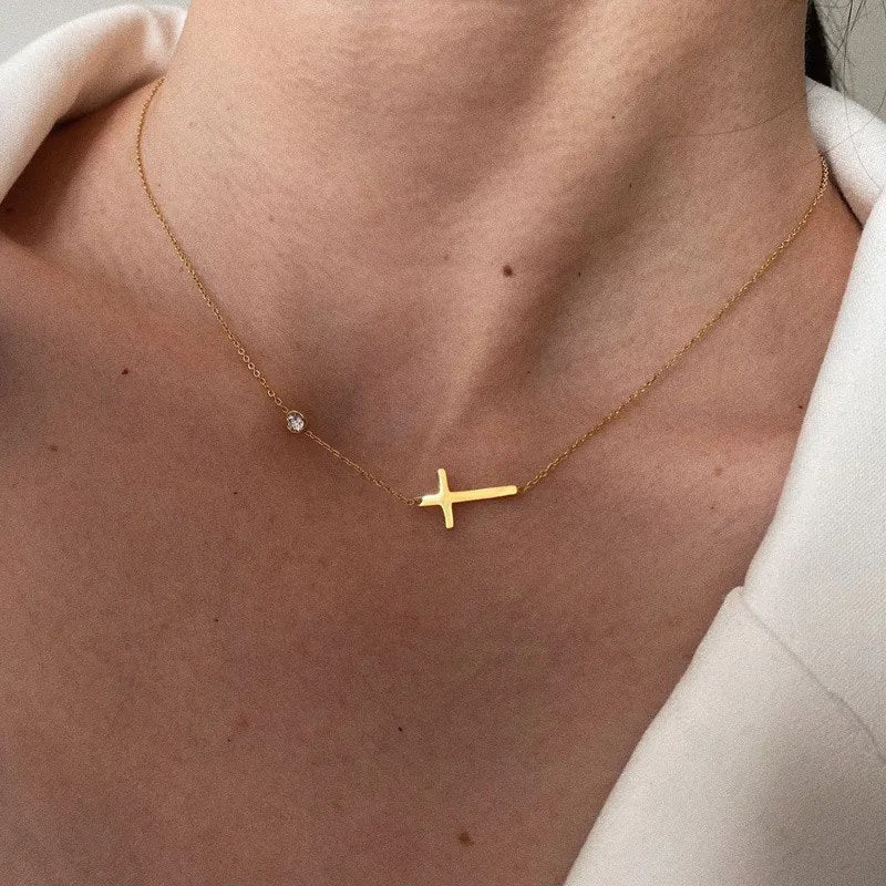 Sideways Cross Necklace with Crystal