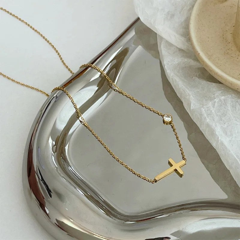 Sideways Cross Necklace with Crystal
