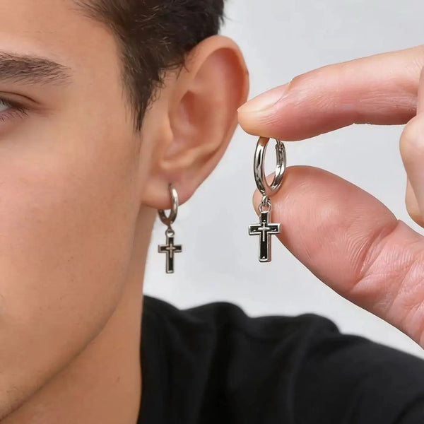 Black Cross Huggie Hoop Earrings