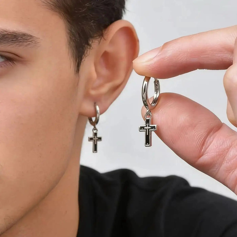 Black Cross Huggie Hoop Earrings