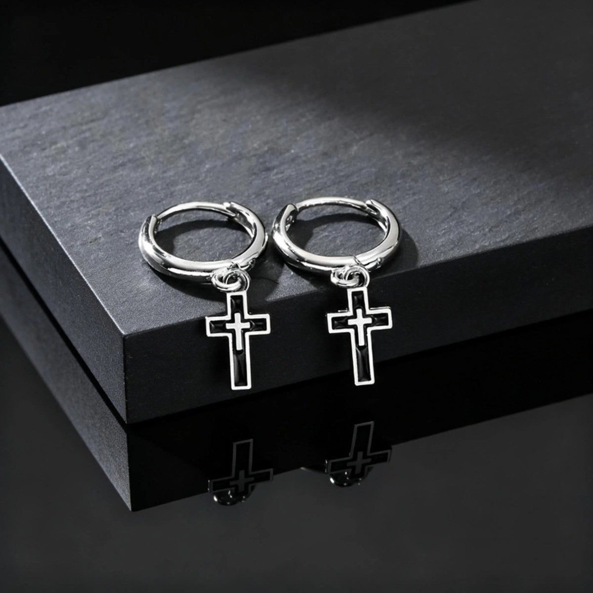 Black Cross Huggie Hoop Earrings