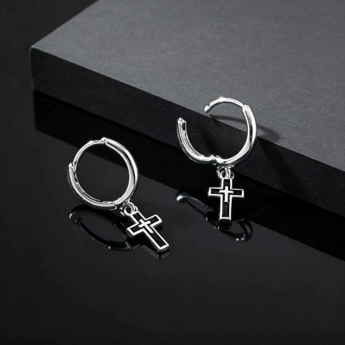 Black Cross Huggie Hoop Earrings