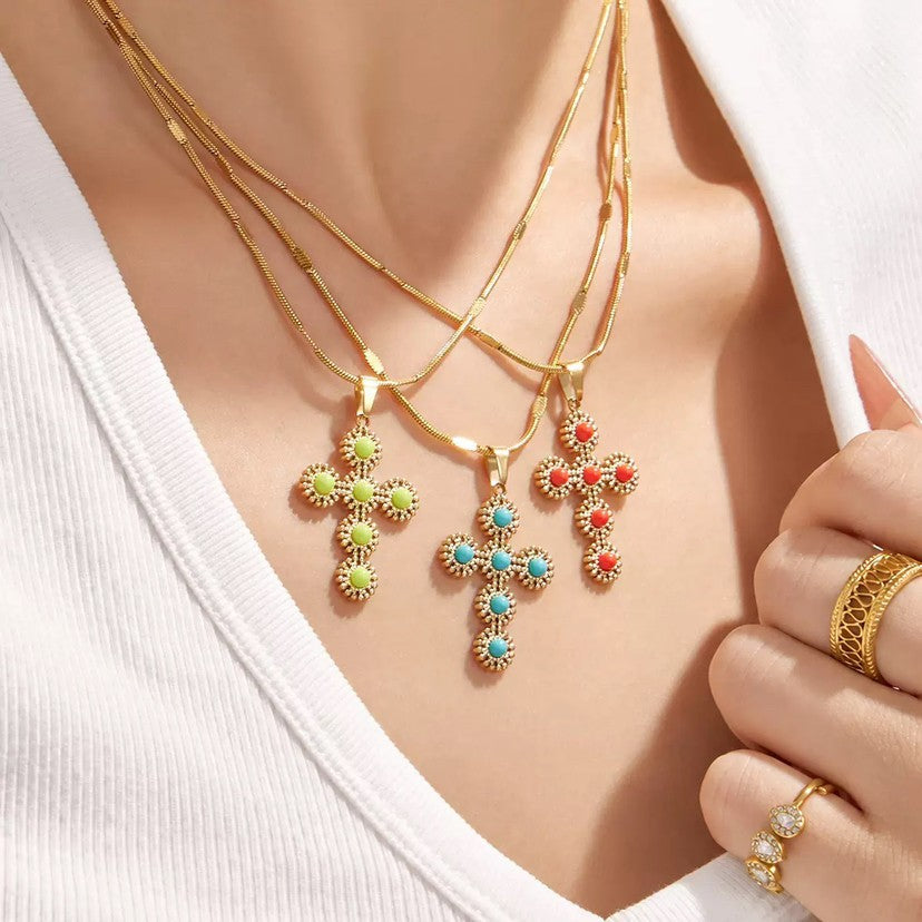 Turquoise Dot Cross Necklace