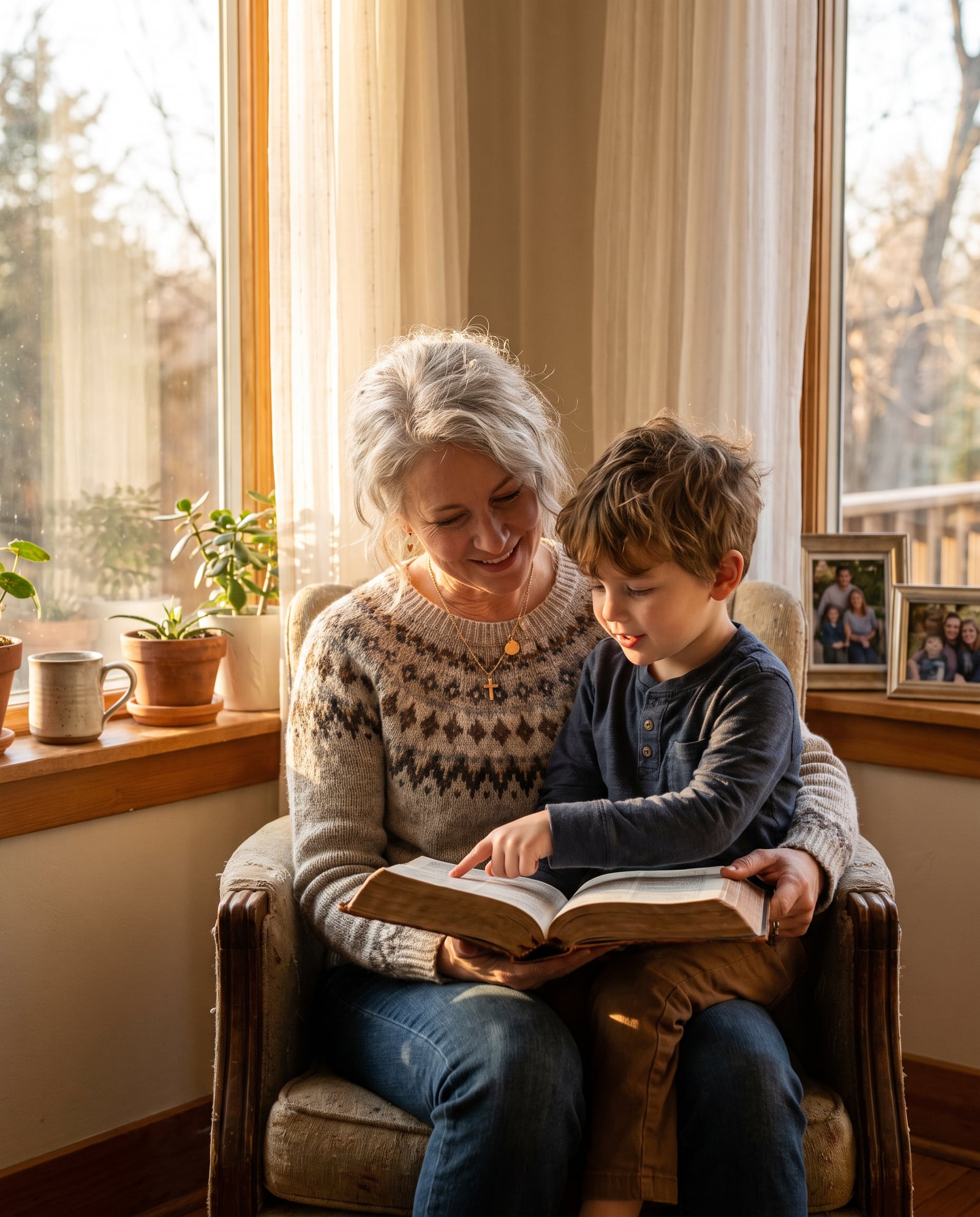 A grandmother reading the Bible to her grandson in an armchair by the window