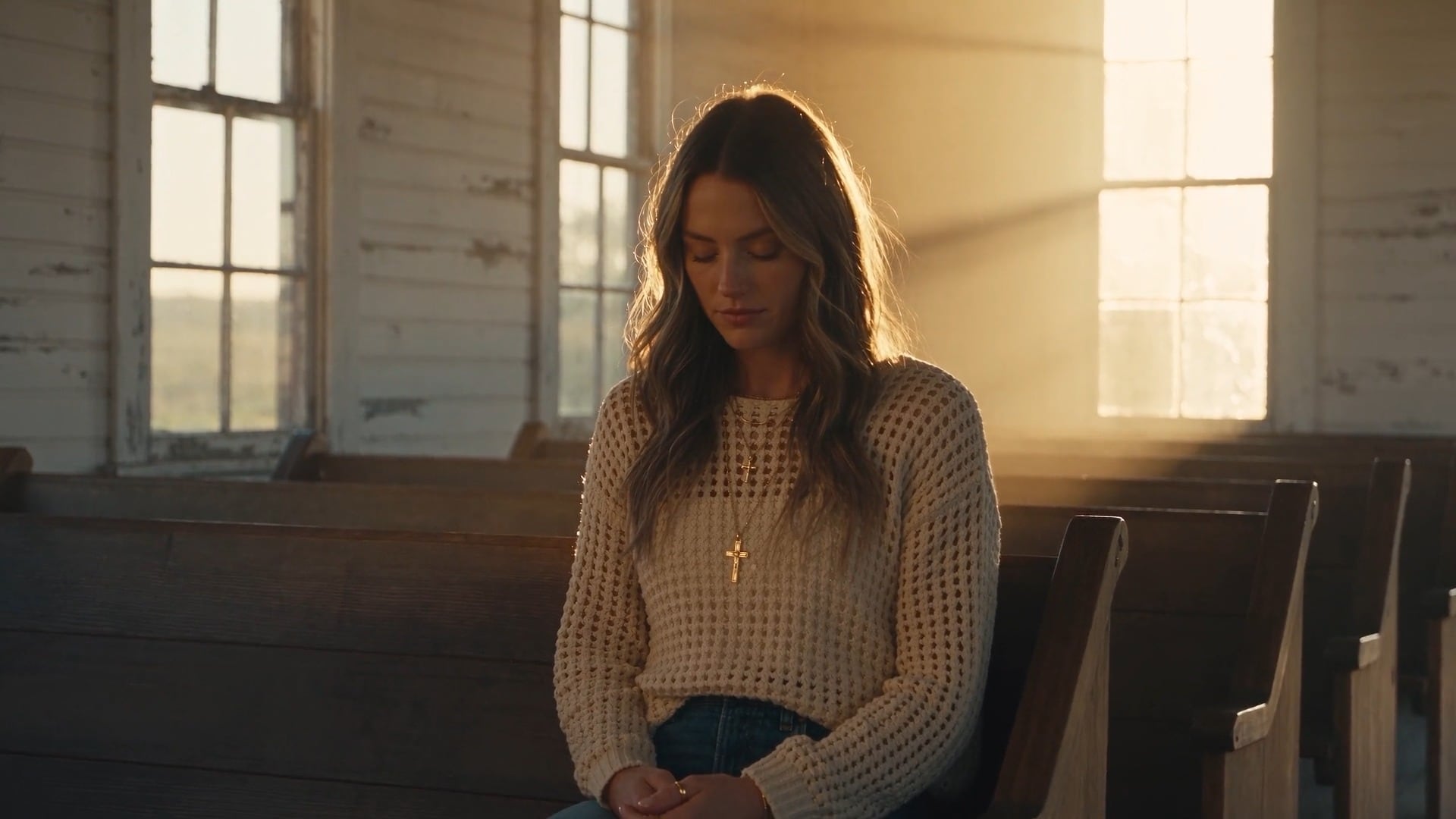 A woman praying alone in a sunlit wooden church